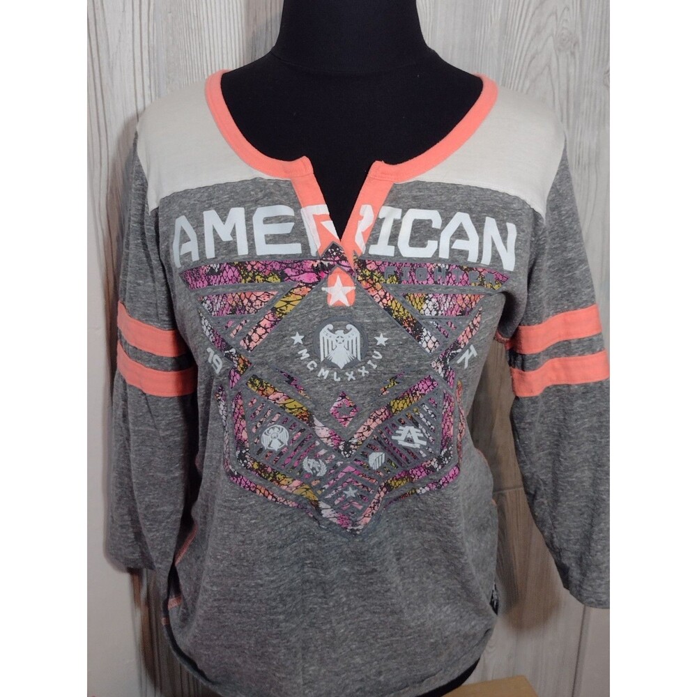 American Fighter Women's XL Graphic T-Shirt Gray Pink 3/4 Sleeve Biker Edgy